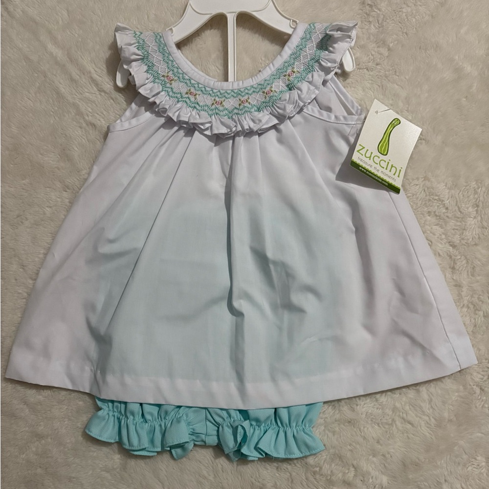 Zuccini White and Blue Baby Smocked Top with Bloomers
